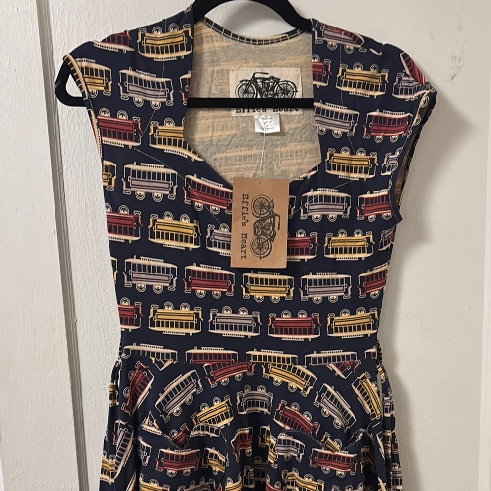 Effie's Heart Navy Dress with Vintage Trolley Pattern perfect for SF! Fits M